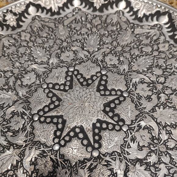 Vintage Handmade Vintage Middle Eastern Round Silver Tray Floral Design - Picture 16 of 16